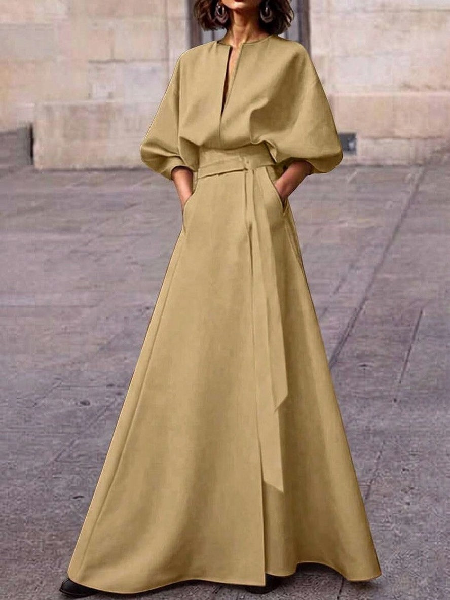 Belted Puff Sleeve Maxi Dress