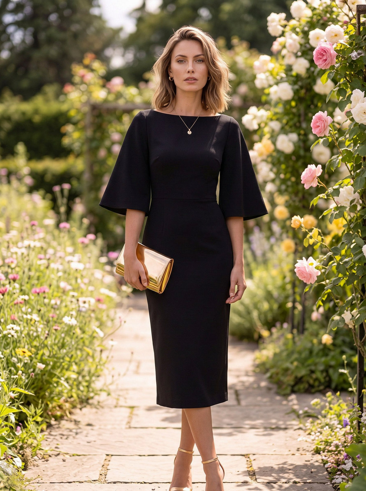 Flutter Sleeve Boat Neck Midi Dress