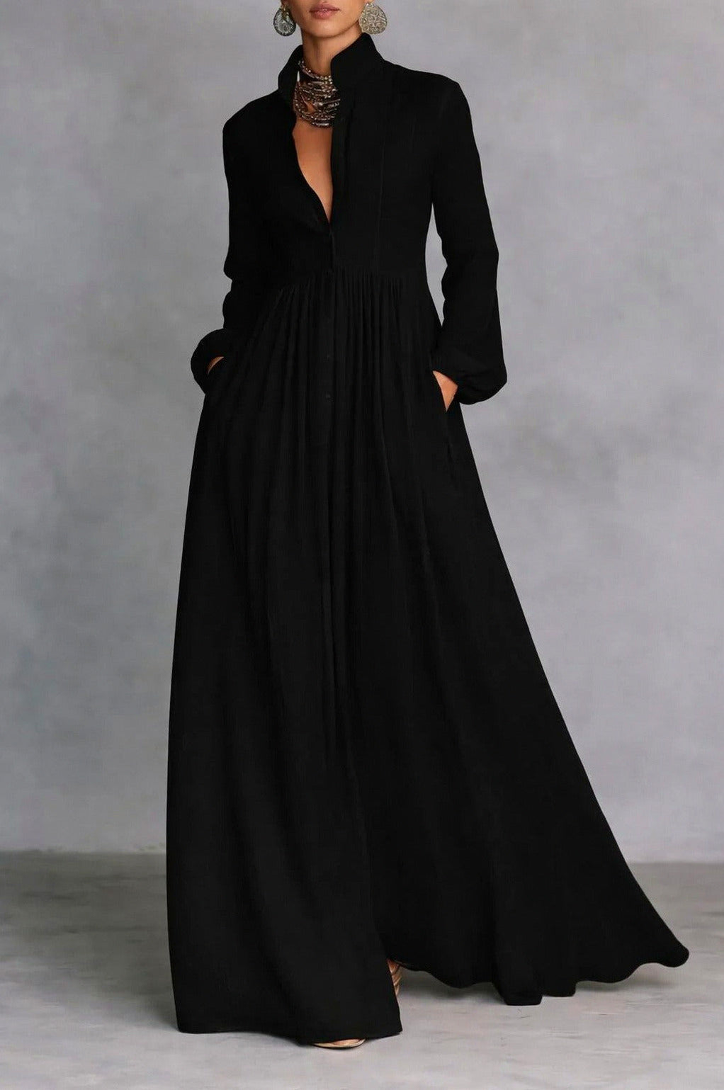 Long Sleeve Pleated Button Front Maxi Dress