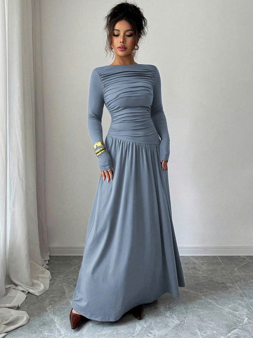 Long Sleeve Ruched Drop Waist Maxi Dress
