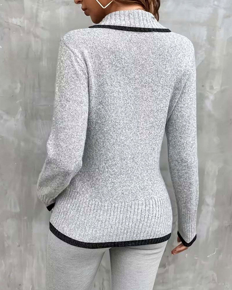 Long Sleeve V-Neck Jumper with Crossover Front and Contrast Trim