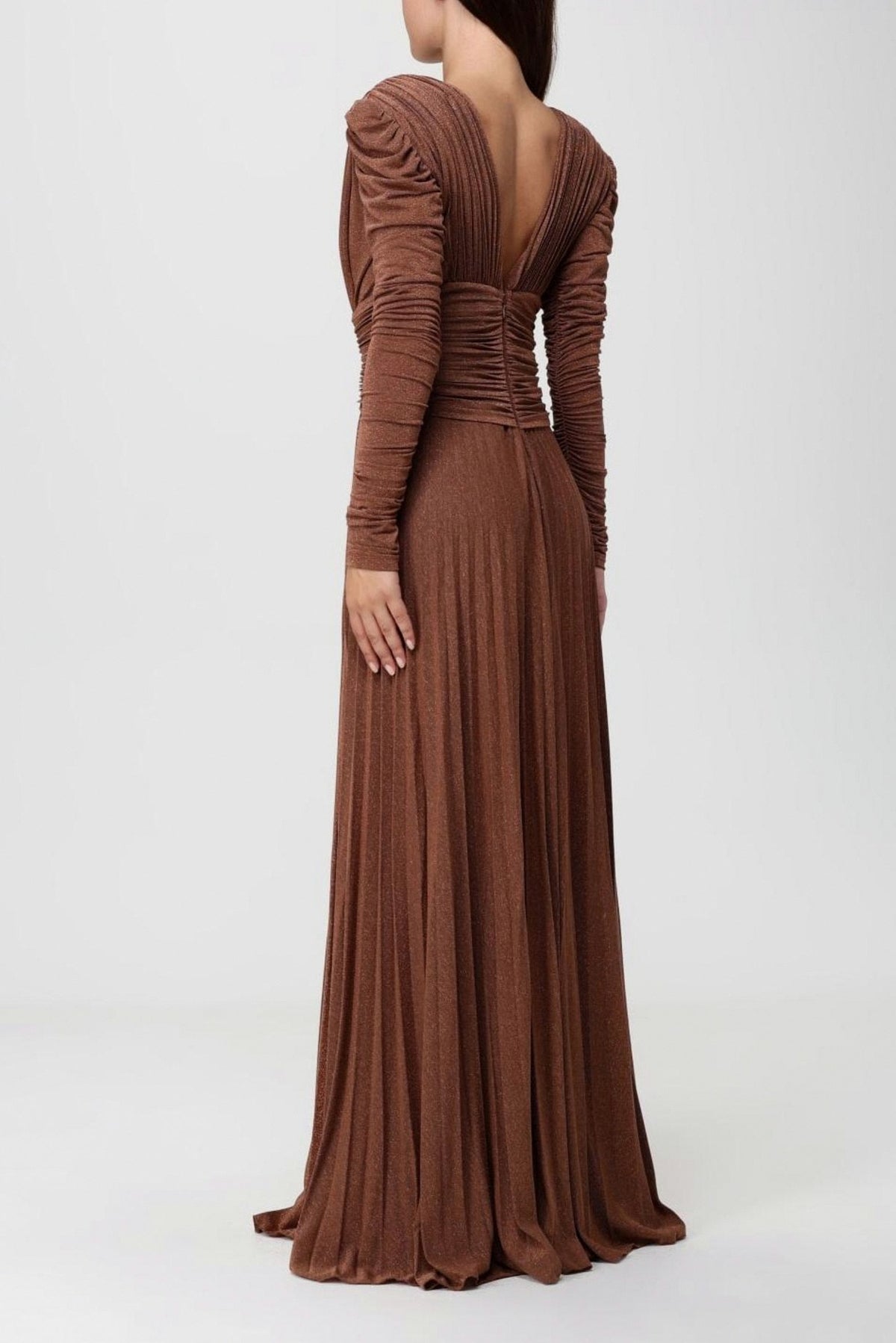 Pleated Long Sleeve Plunge Maxi Dress