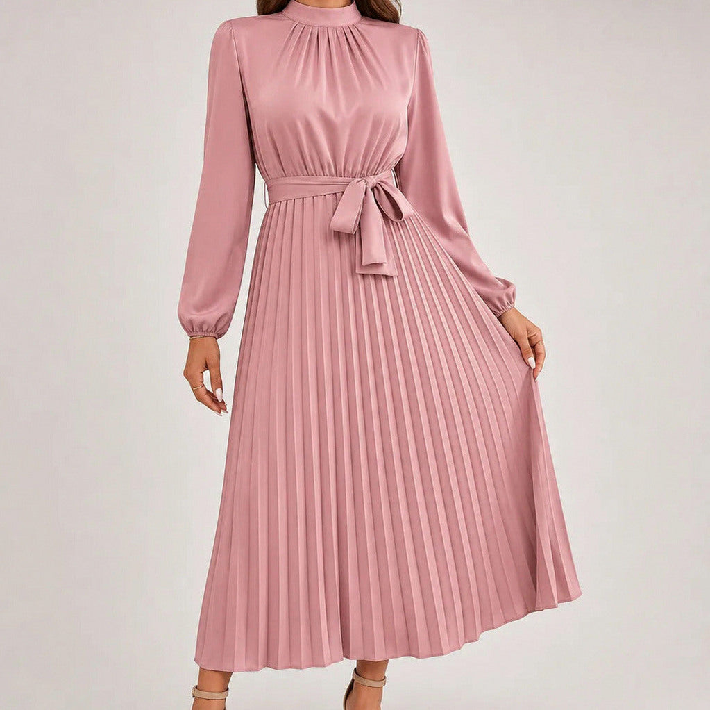Pleated Mock Neck Midi Dress
