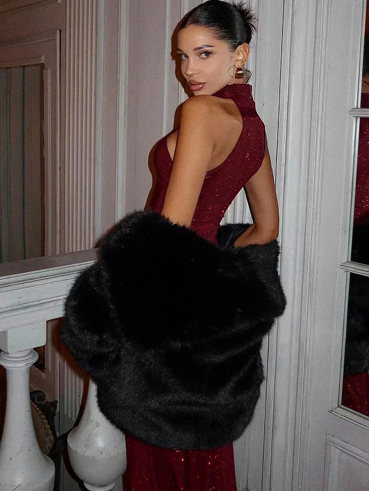 Sequin Halter Backless Maxi Dress