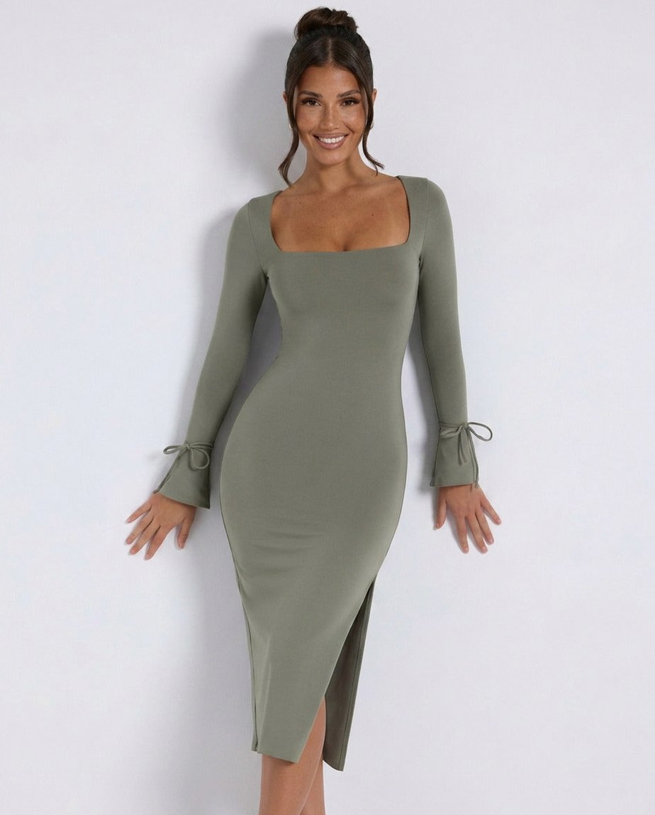 Square Neck Long Sleeve Midi Dress