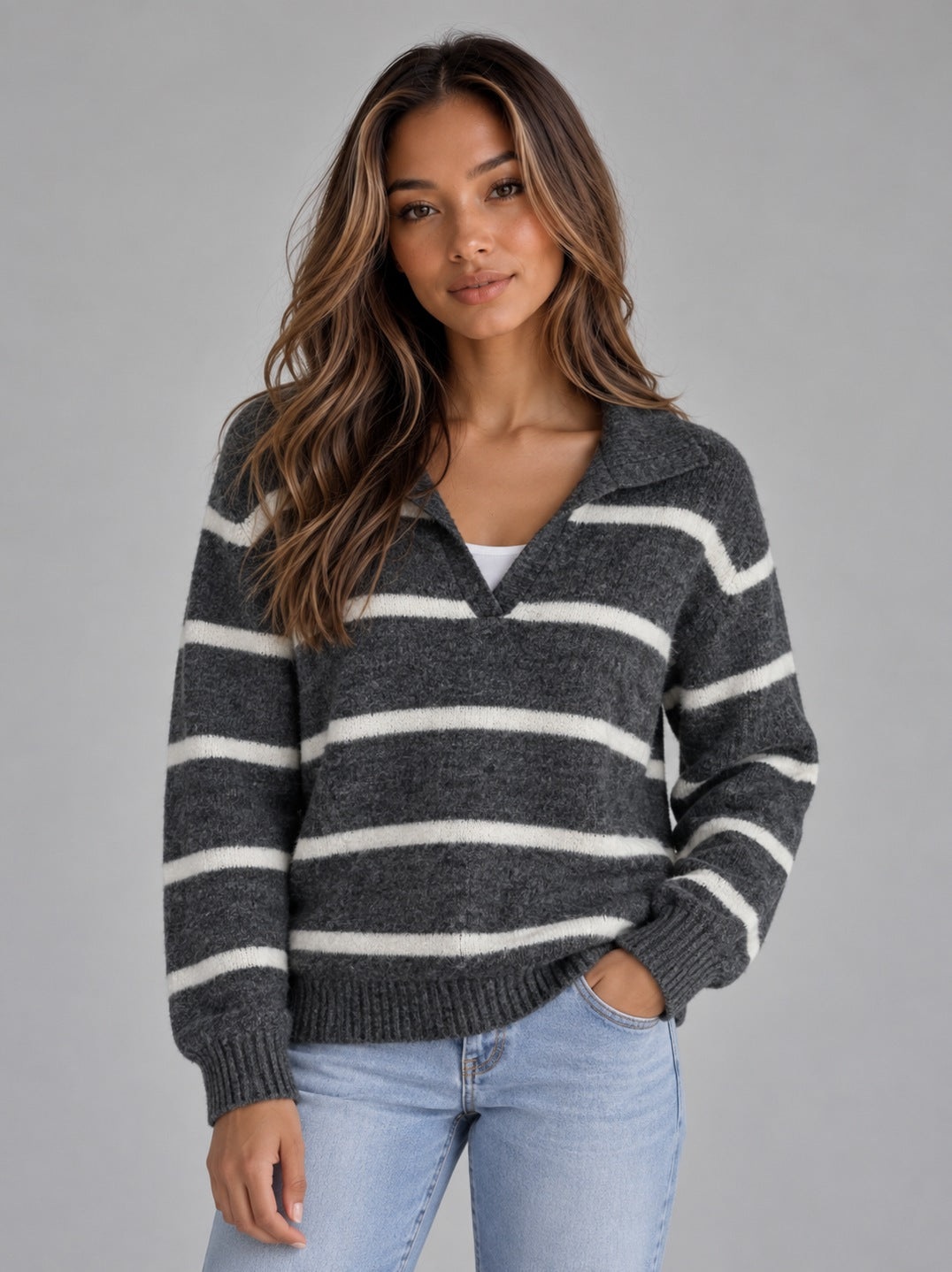 Women’s Wool Striped Jumper – Collared V-Neck Long Sleeve Knit Sweater