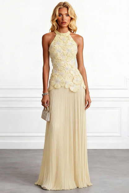 3D Floral Pleated Halter Maxi Dress