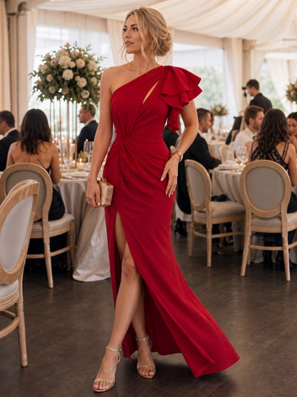 One Shoulder Draped Bodice Midi Dress