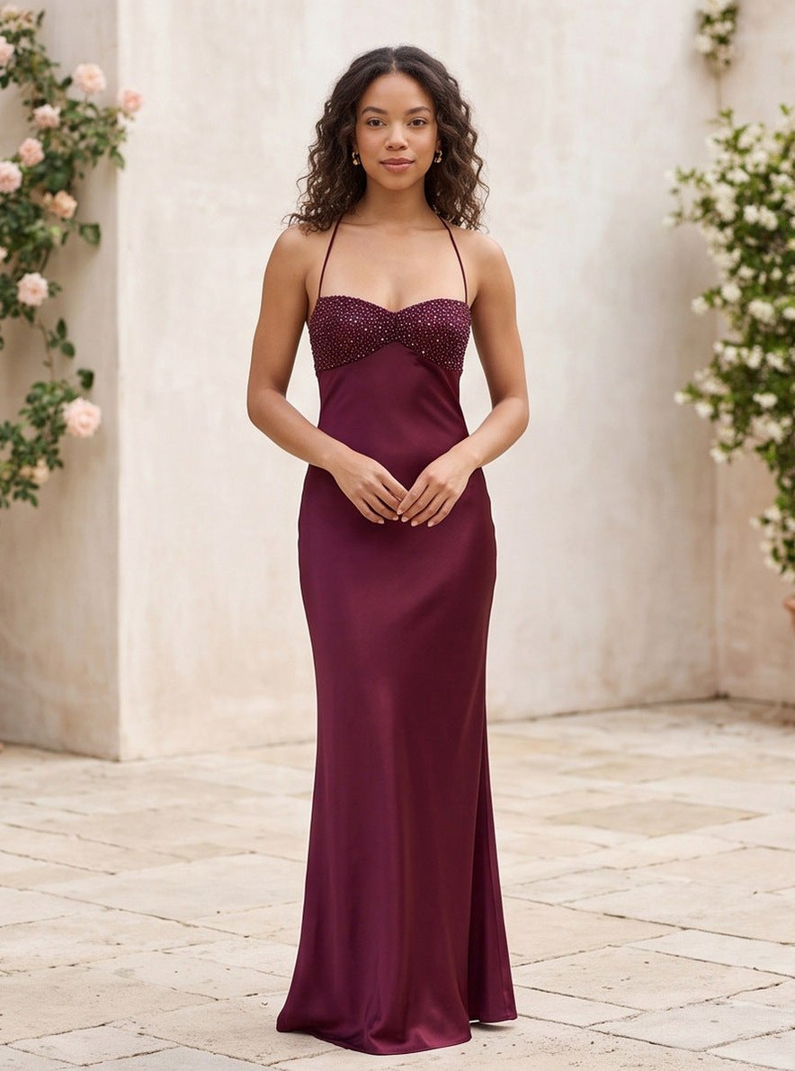 Beaded Bust Halter Slip Maxi Dress