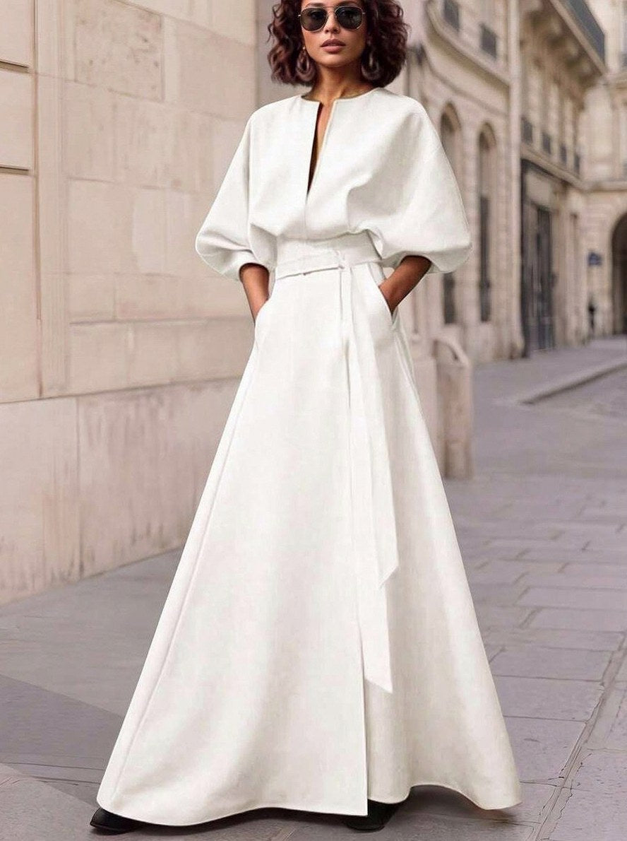 Belted Puff Sleeve Maxi Dress