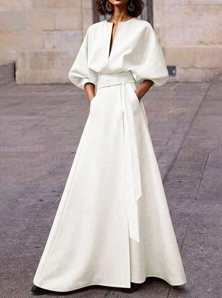 Belted Puff Sleeve Maxi Dress