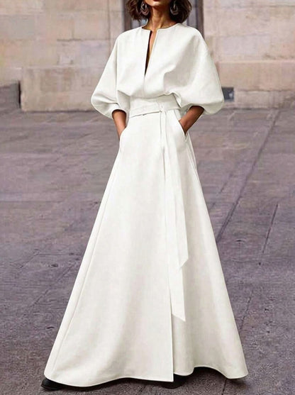 Belted Puff Sleeve Maxi Dress