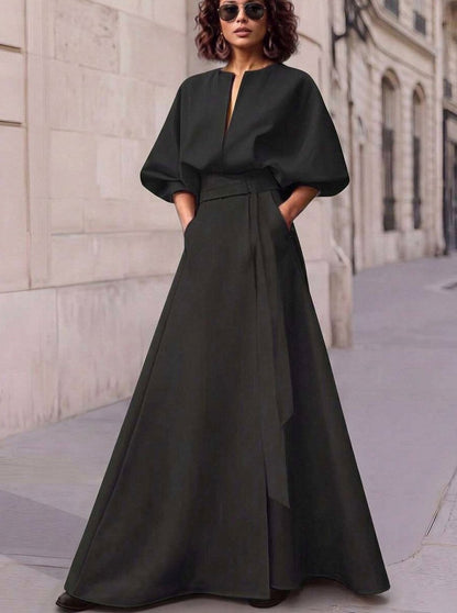 Belted Puff Sleeve Maxi Dress