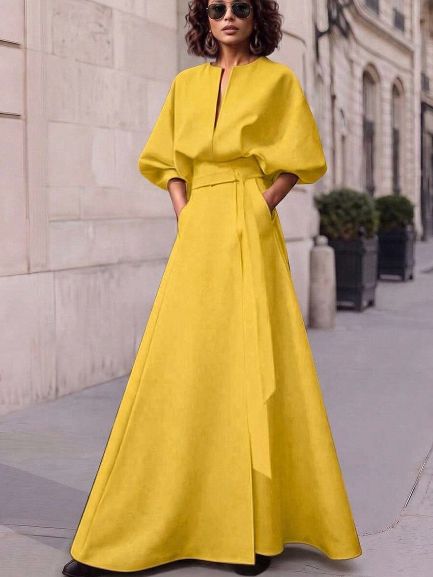 Belted Puff Sleeve Maxi Dress