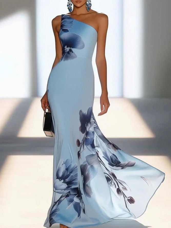 Maxi Dress with Floral Print and One Shoulder