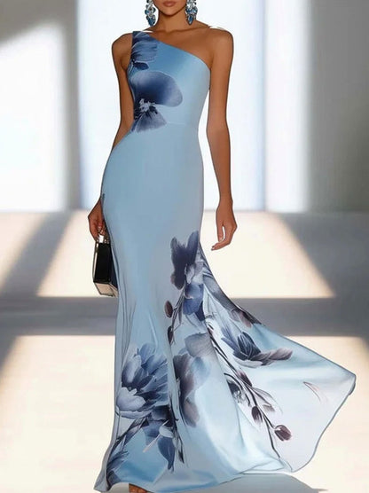 Maxi Dress with Floral Print and One Shoulder
