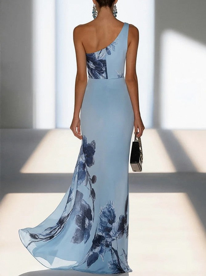 Maxi Dress with Floral Print and One Shoulder