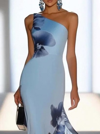 Maxi Dress with Floral Print and One Shoulder