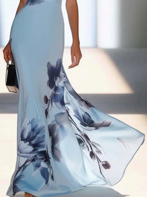 Maxi Dress with Floral Print and One Shoulder