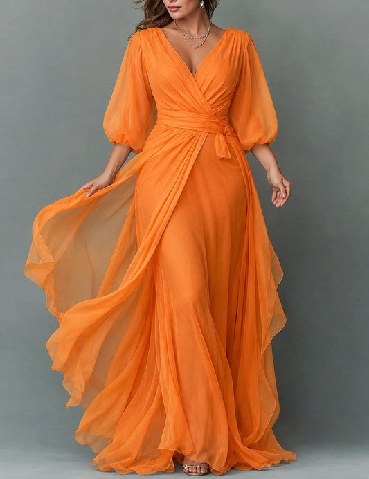 Chiffon 3/4 Balloon Sleeve Wrap Maxi Dress