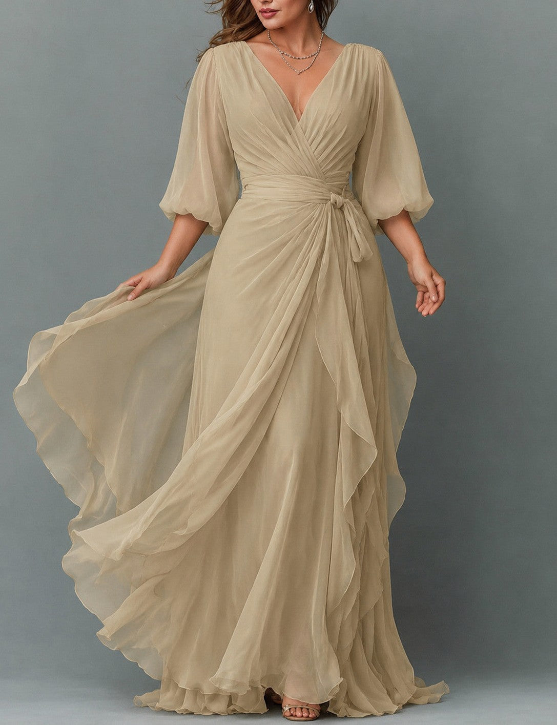 Chiffon 3/4 Balloon Sleeve Wrap Maxi Dress