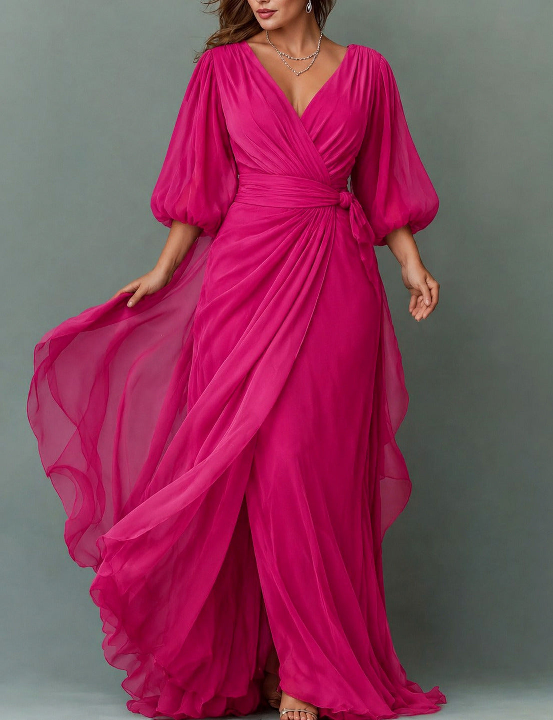 Chiffon 3/4 Balloon Sleeve Wrap Maxi Dress