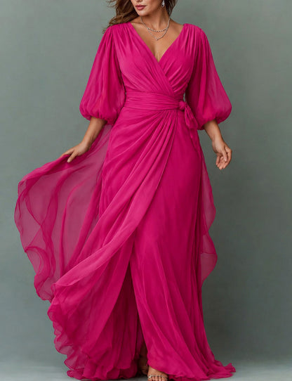 Chiffon 3/4 Balloon Sleeve Wrap Maxi Dress