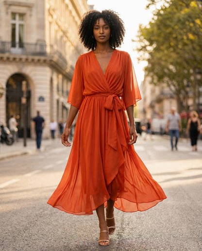 Chiffon 3/4 Kimono Sleeve Maxi Dress