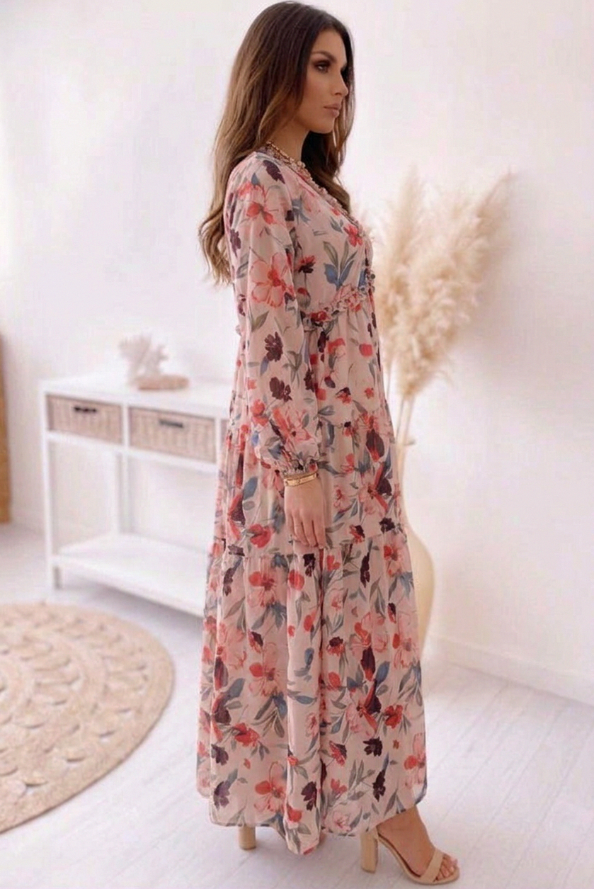 Chiffon Long Sleeve Tiered Maxi Dress