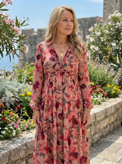 Chiffon Long Sleeve Tiered Maxi Dress