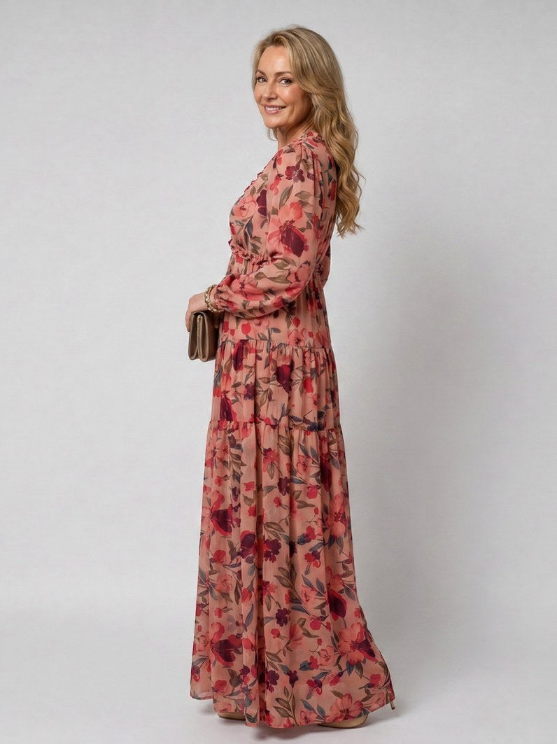 Chiffon Long Sleeve Tiered Maxi Dress