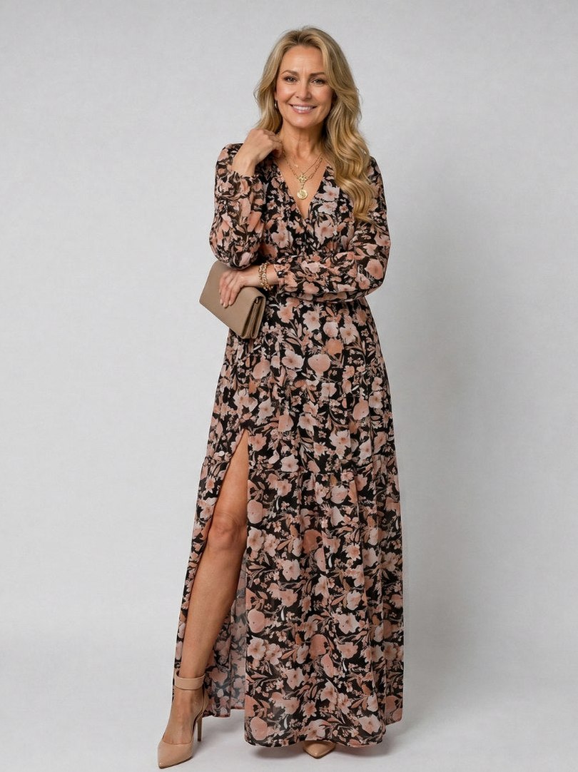 Chiffon Long Sleeve Tiered Maxi Dress