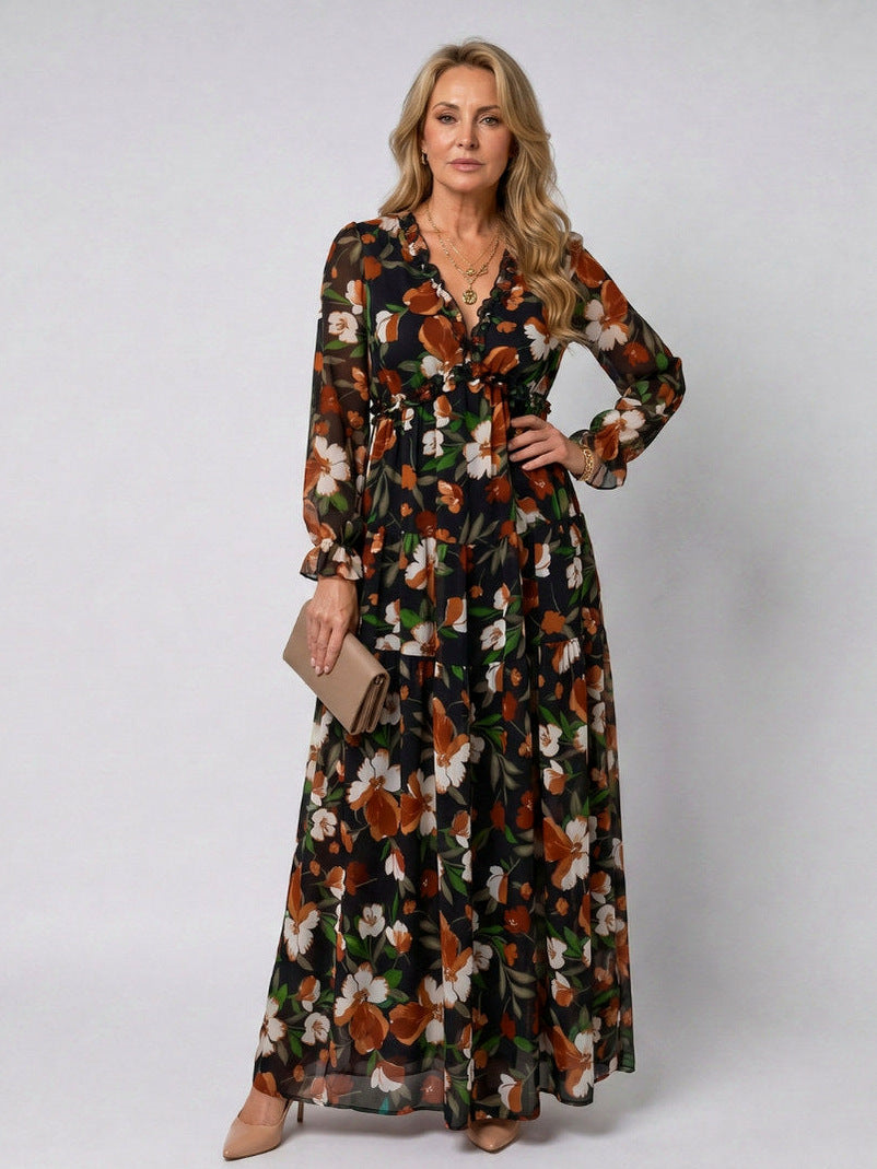 Chiffon Long Sleeve Tiered Maxi Dress