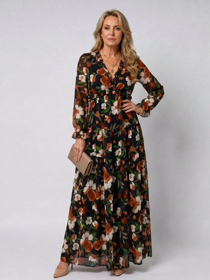 Chiffon Long Sleeve Tiered Maxi Dress