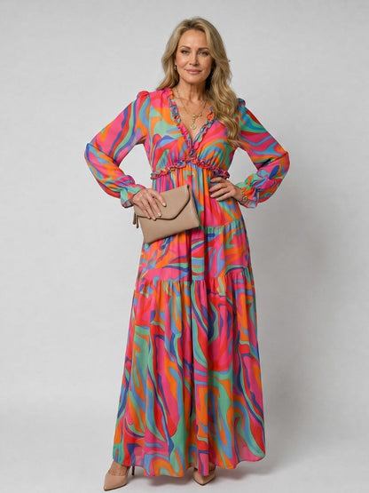 Chiffon Long Sleeve Tiered Maxi Dress