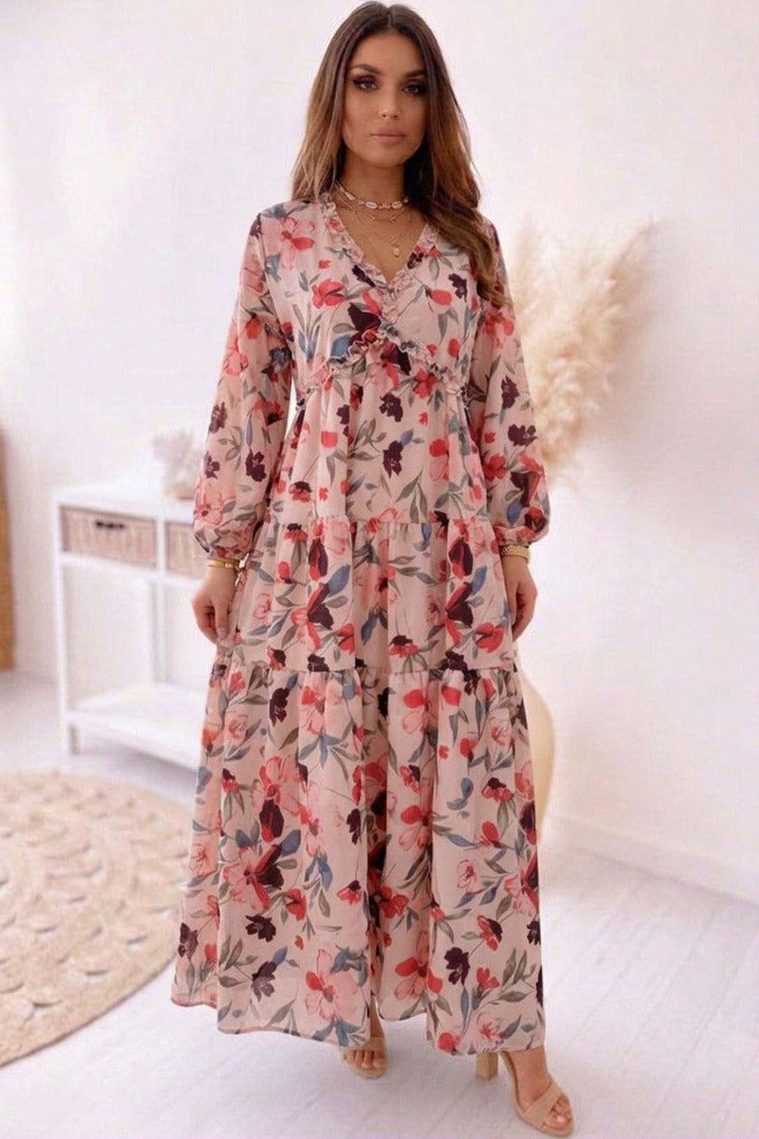 Chiffon Long Sleeve Tiered Maxi Dress