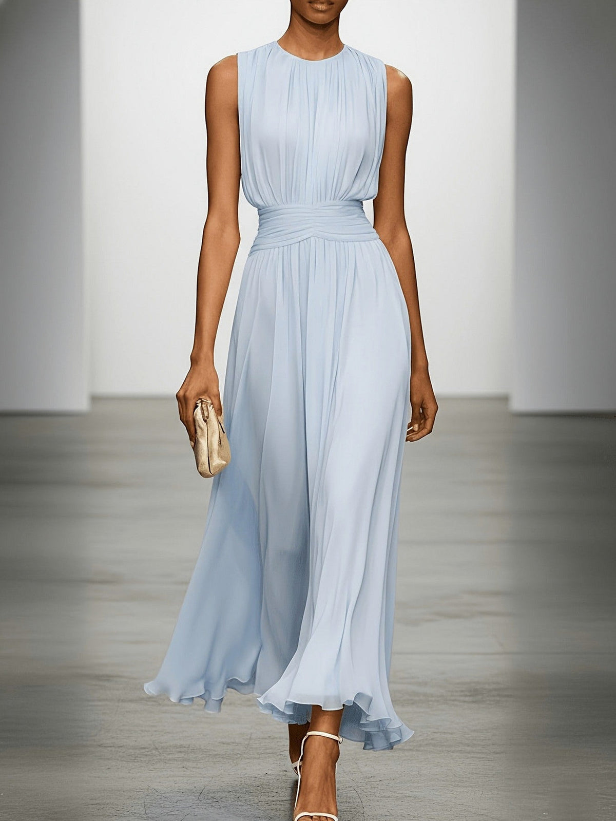 Chiffon Pleated High Neck Maxi Dress