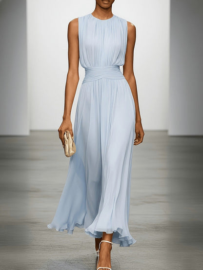 Chiffon Pleated High Neck Maxi Dress