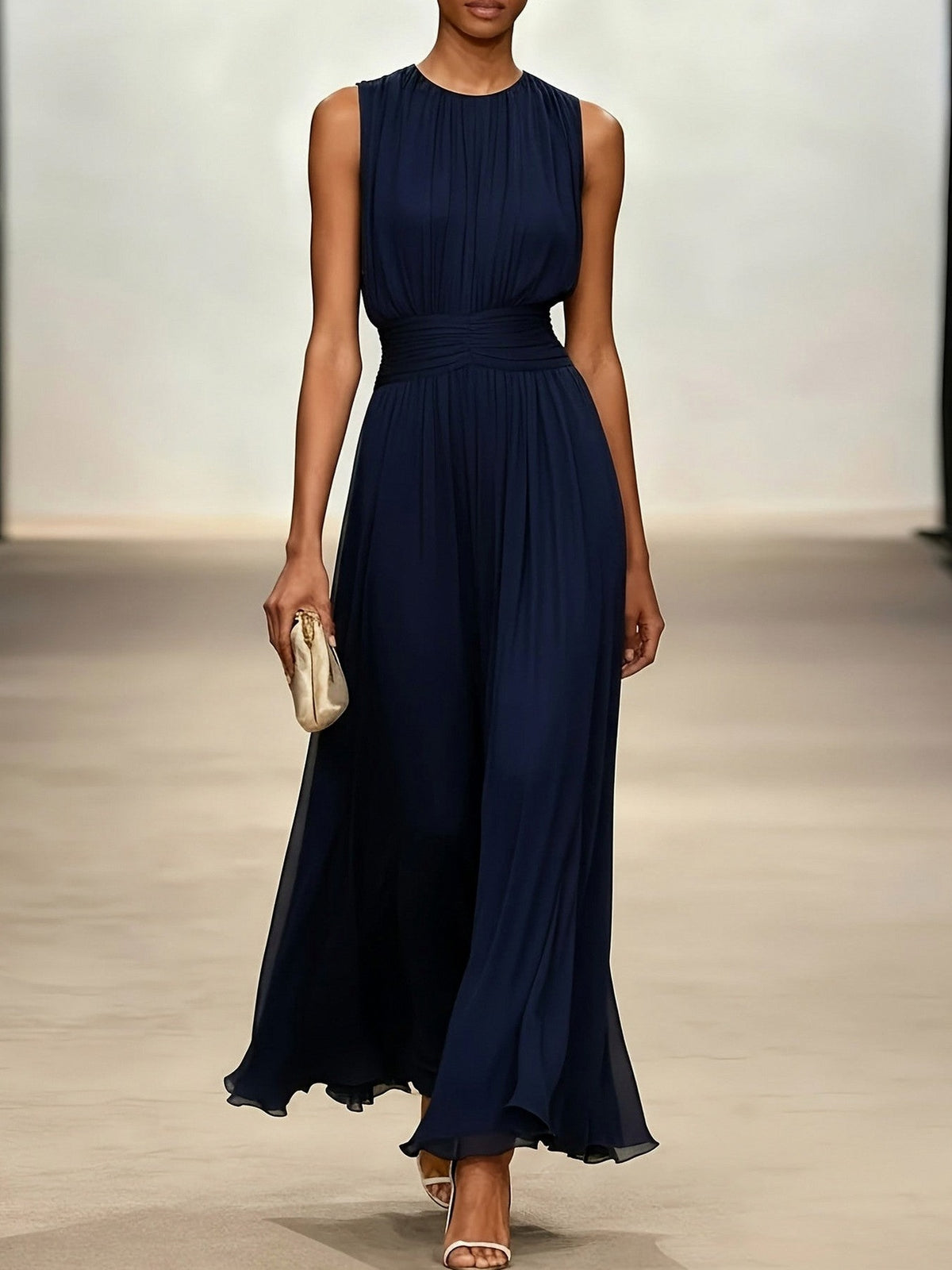 Chiffon Pleated High Neck Maxi Dress