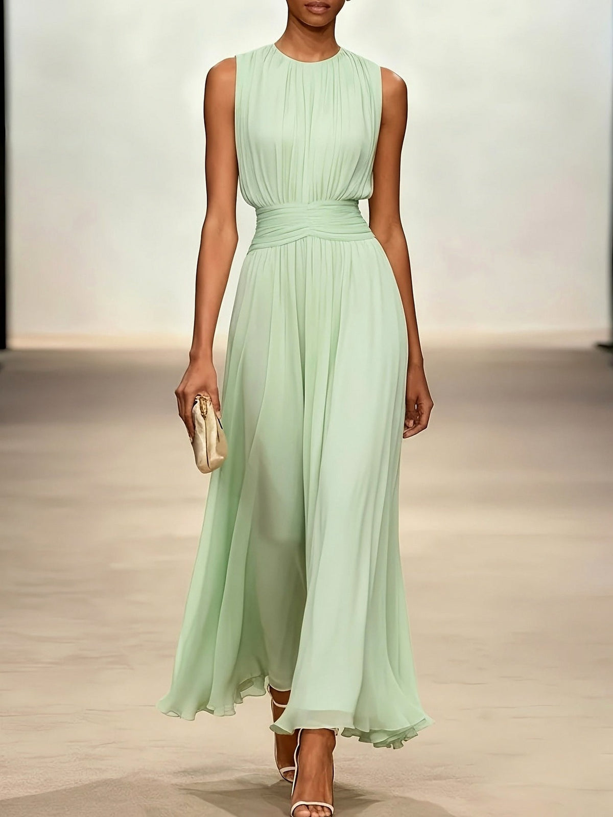 Chiffon Pleated High Neck Maxi Dress