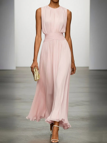 Chiffon Pleated High Neck Maxi Dress