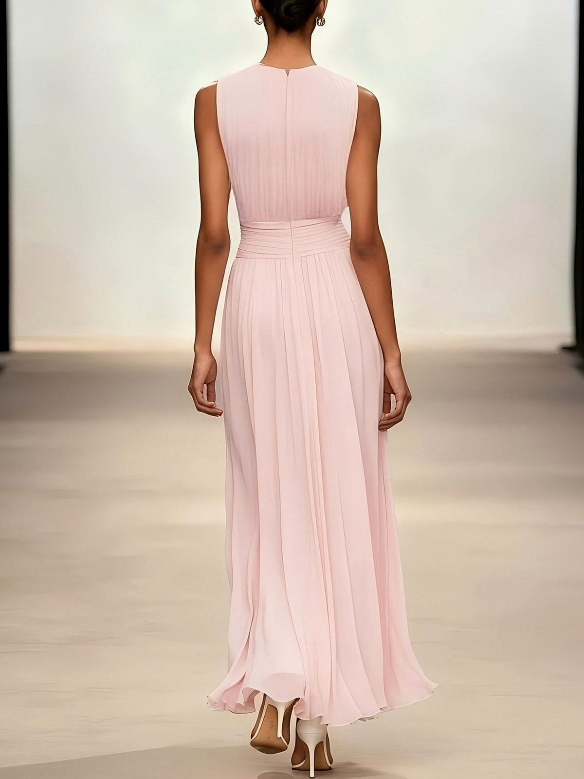Chiffon Pleated High Neck Maxi Dress