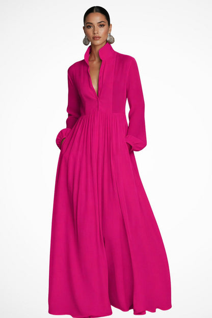 Chiffon Pleated Long Sleeve Maxi Dress