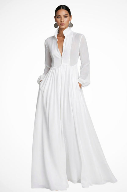 Chiffon Pleated Long Sleeve Maxi Dress