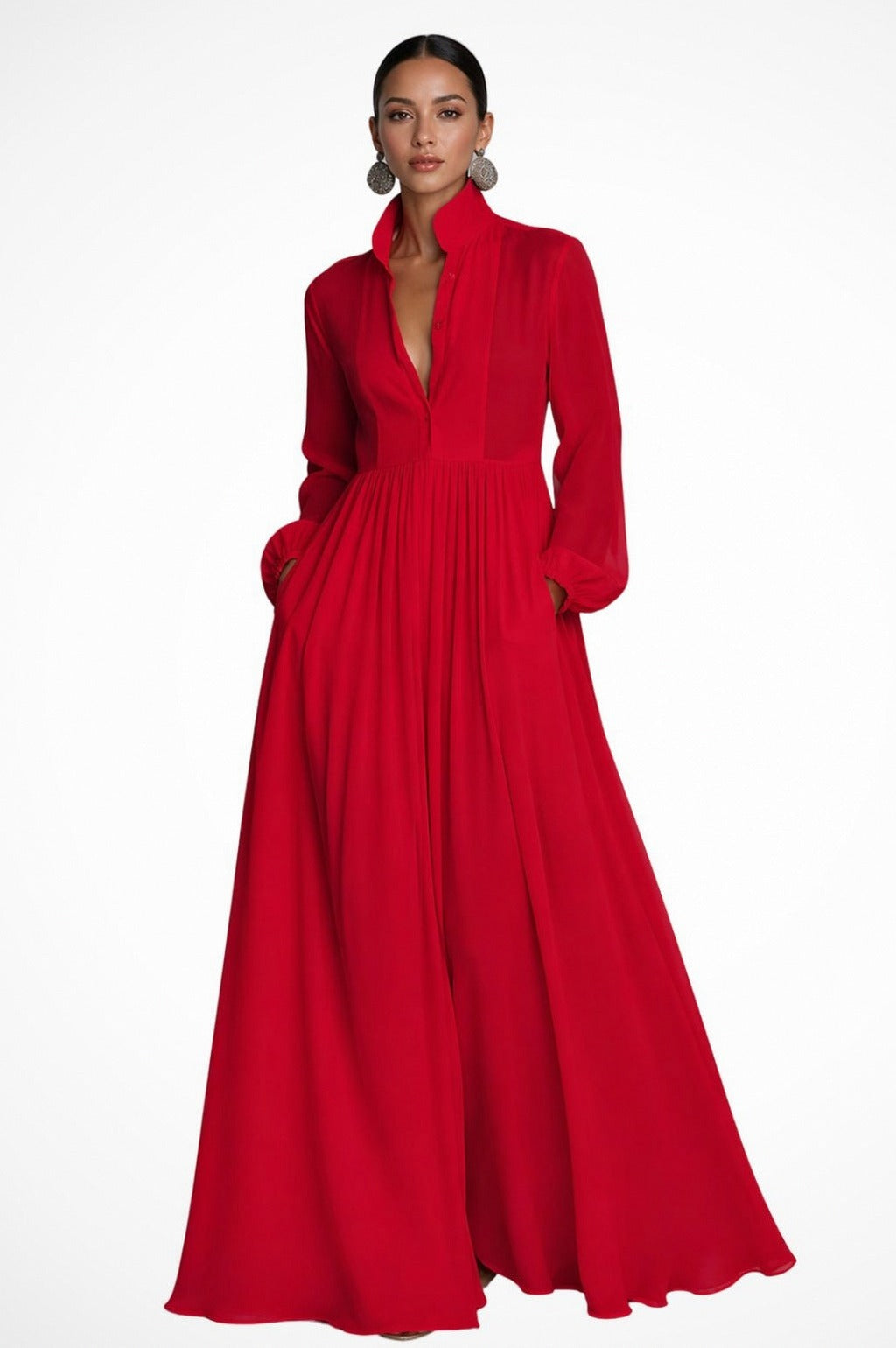 Chiffon Pleated Long Sleeve Maxi Dress