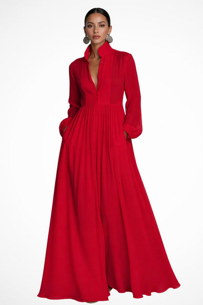 Chiffon Pleated Long Sleeve Maxi Dress