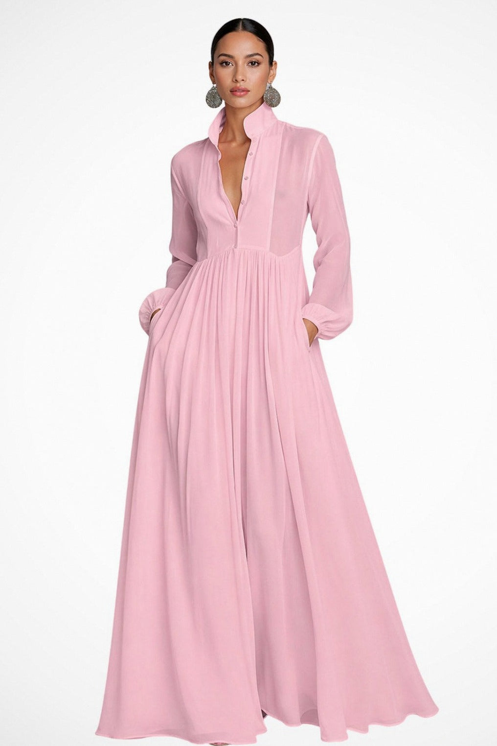 Chiffon Pleated Long Sleeve Maxi Dress