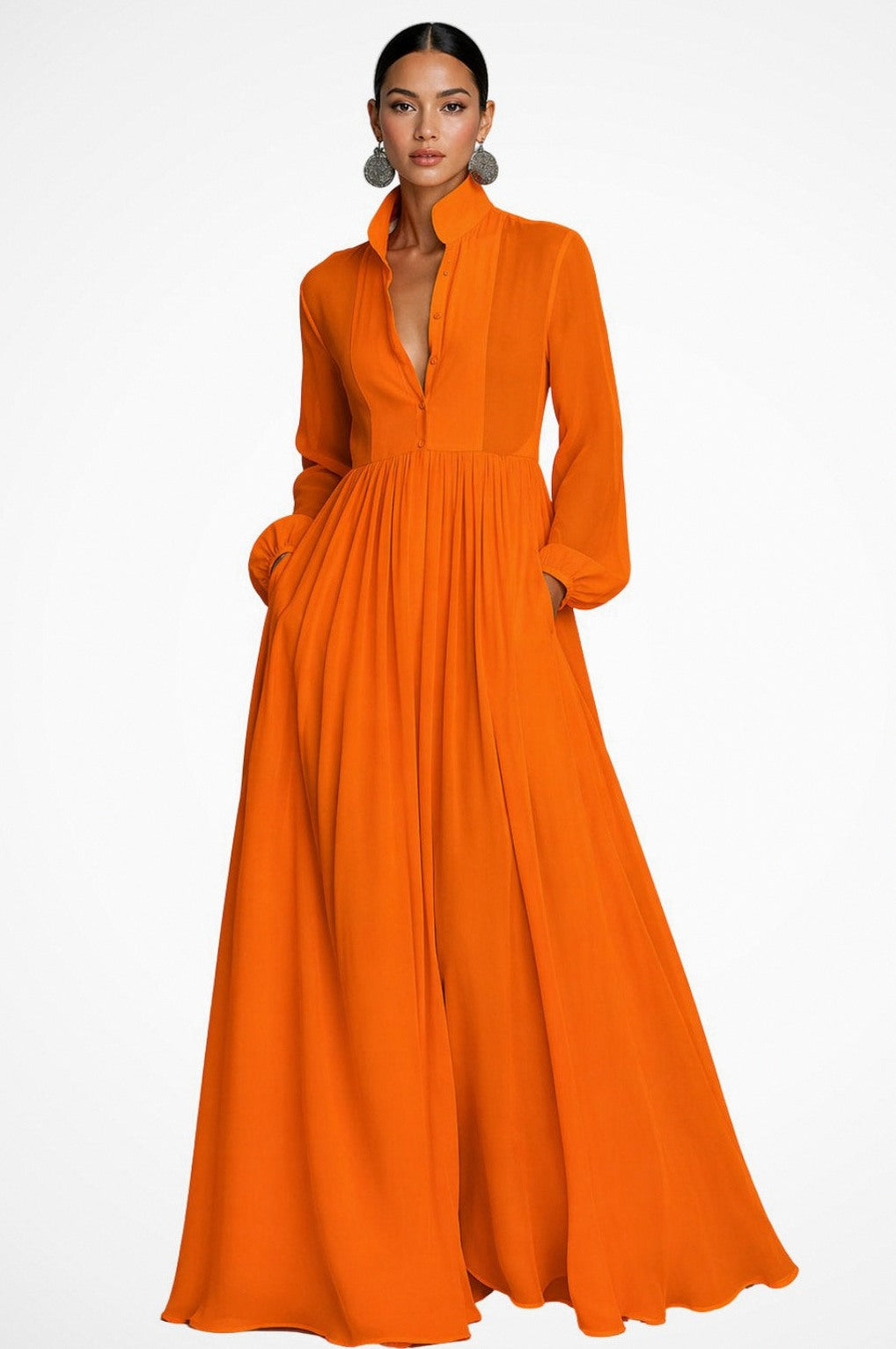 Chiffon Pleated Long Sleeve Maxi Dress