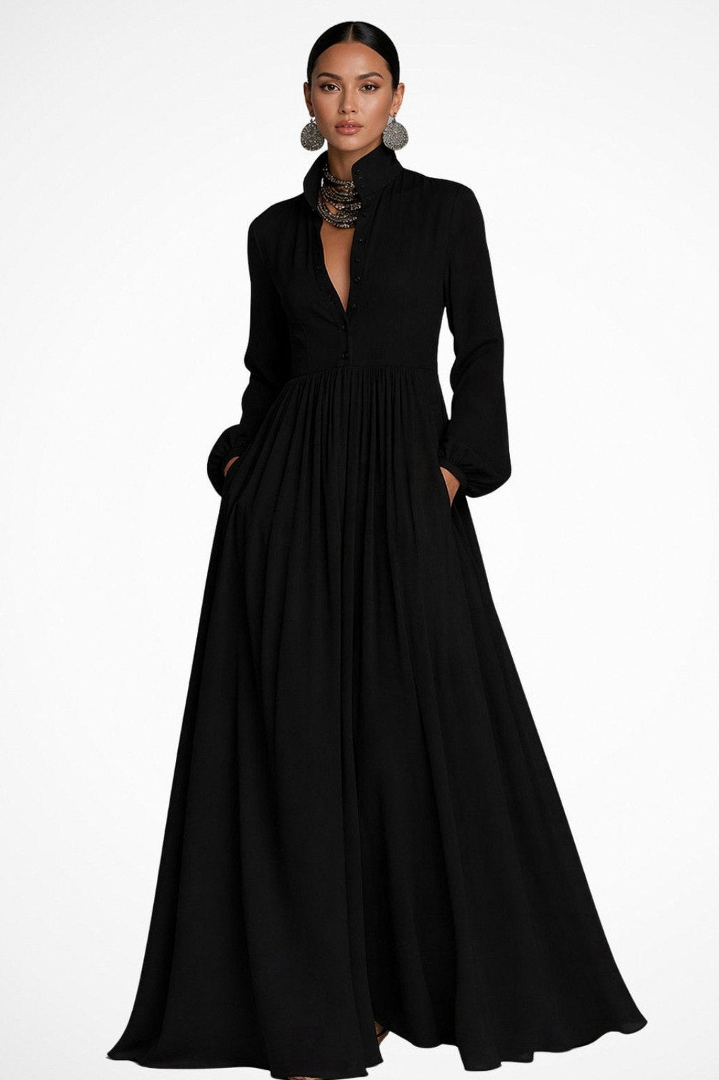 Chiffon Pleated Long Sleeve Maxi Dress