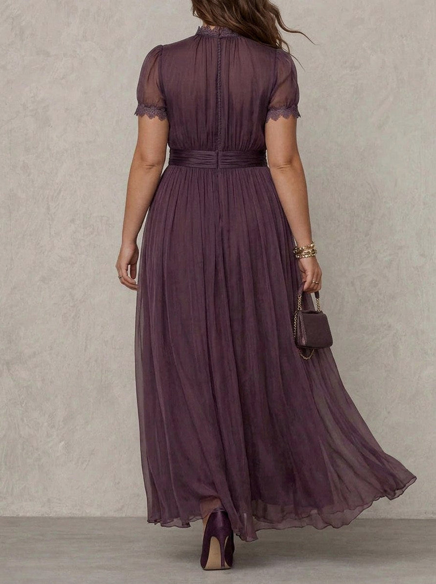 Chiffon Puff Sleeve Lace Trim Maxi Dress
